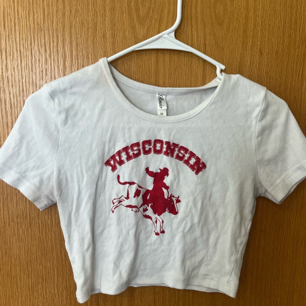 White and Red Crop Top with Graphic Design